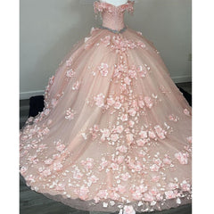 Princesa fuera del hombro con cuentas flores 3D vestidos de quinceañera rosa vestido de bola
