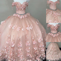 Princesa fuera del hombro con cuentas flores 3D vestidos de quinceañera rosa vestido de bola