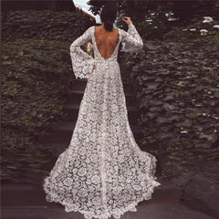 Vestido de novia bohemio con mangas abullonadas y encaje de corte A, vestido de novia bohemio sin espalda