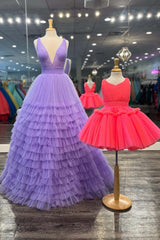 Vestidos de fiesta en capas de color púrpura 2024 Vestido de noche con gradas y escote en V profundo con volantes