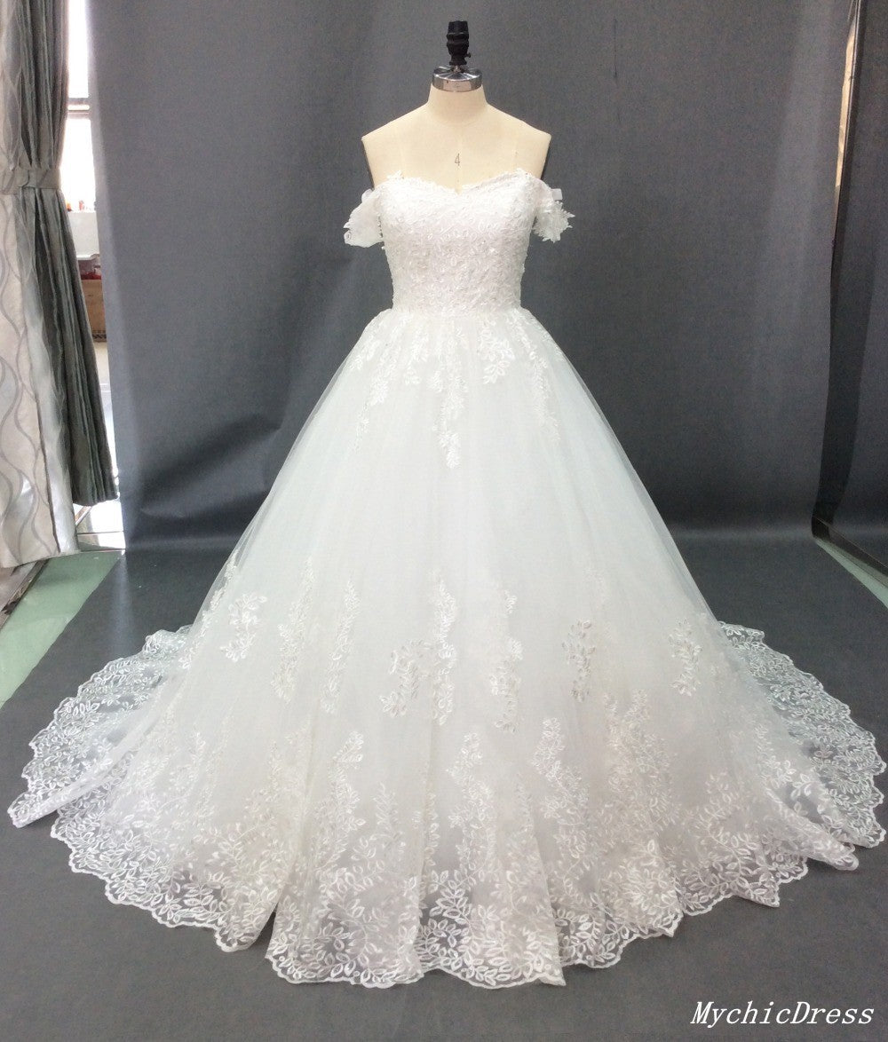 Real Lace Vintage Wedding Dresses UK A Line Off the Shoulder Bridal Gowns MyChicDress