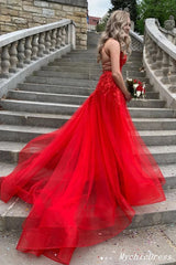 Red Lace Prom Dresses 2025 Cheap V Neck A Line Tulle Evening Gowns MyChicDress