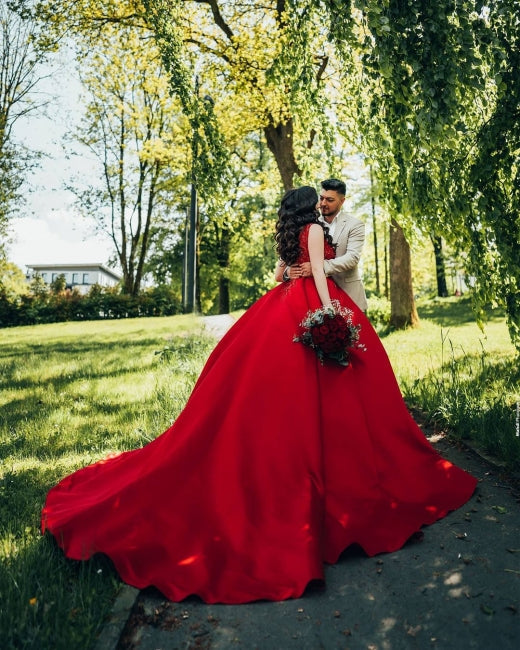 Red Prom Dresses Ball Gown Lace V Neck Sleeveless Wedding Dresses wiht Train MyChicDress