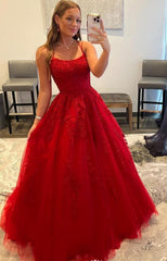 Vestidos de fiesta de encaje largo rojo 2024 Vestidos formales sexy con tirantes finos