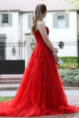 Precioso vestido largo de encaje rojo para fiesta de graduación, vestido de noche sin tirantes