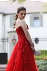 Precioso vestido largo de encaje rojo para fiesta de graduación, vestido de noche sin tirantes