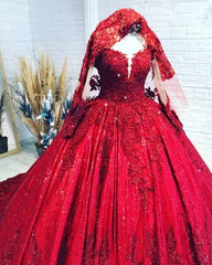 Vestido de fiesta Manga larga Lentejuelas Encaje Vestidos de novia rojos Vestido de quinceañera con purpurina