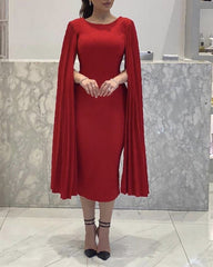 Vestido rojo para invitados de boda, largo a media pierna, mangas tipo capa, vestidos de fiesta