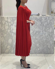 Vestido rojo para invitados de boda, largo a media pierna, mangas tipo capa, vestidos de fiesta