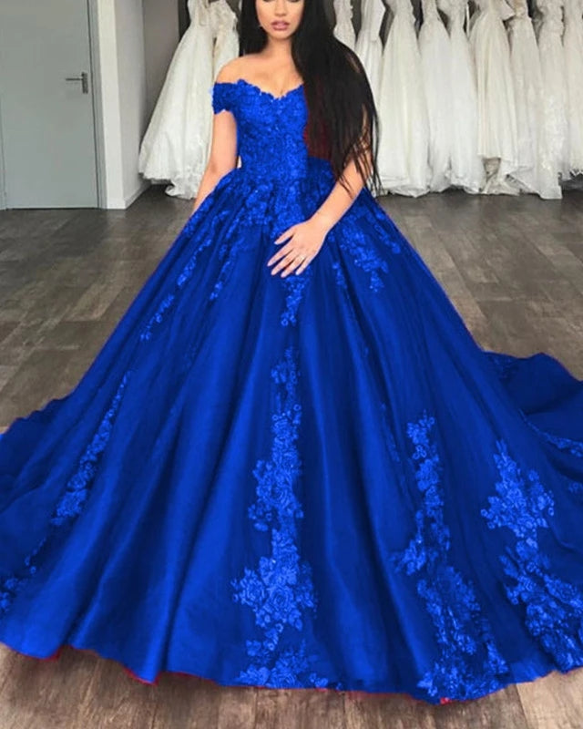 Quinceanera Dresses royal blue Lace Appliques Off The Shoulder Ball Gowns