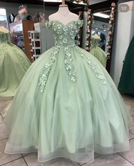 2024 Vestido verde salvia dulce 16 con hombros descubiertos Vestidos de quinceañera Apliques