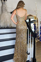 Sequin Gold Square Neck Prom Dresses Mermaid Long Formal Dress Backless with Slit MyChicDress