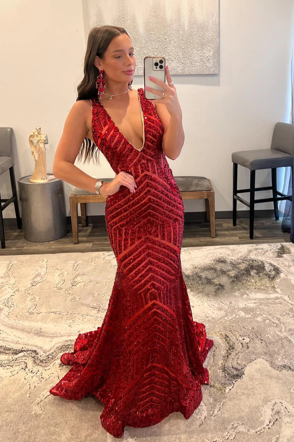 Sequin Prom Dresses Red 2024 Deep V Neck Mermaid Formal Dresses Long UK MyChicDress