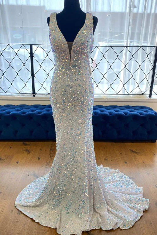 Sequin White Iridescent Formal Dress 2024 Cheap V Neck Sleeveless Prom Dress UK MyChicDress