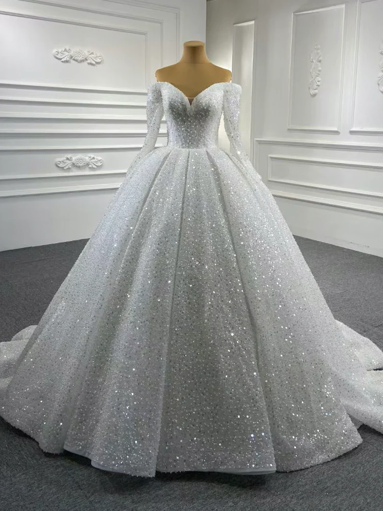 Off the Shoulder Sparkly Ball Gown Sequin Wedding Dresses with Sleeves