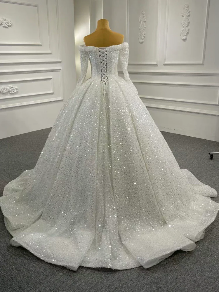 Off the Shoulder Ball Gown Sequin Wedding Dress with Sleeves