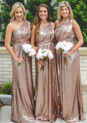 Vestido de dama de honor con lentejuelas largas y un hombro brillante, vestido de invitados de boda en oro rosa