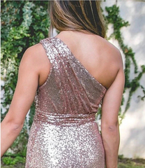 Vestido de dama de honor con lentejuelas largas y un hombro brillante, vestido de invitados de boda en oro rosa