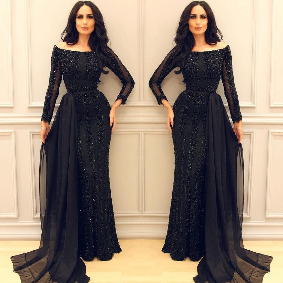 Sexy Black Long Sleeves Sequined Prom Dresses Off-the-Shoulder - MyChicDress