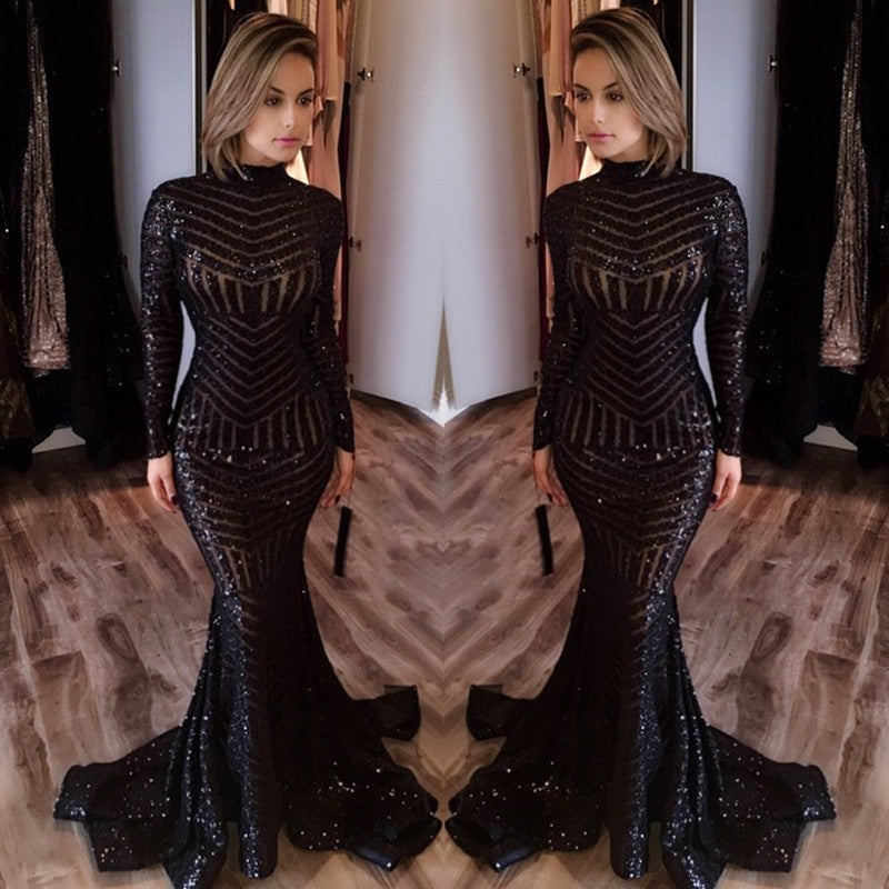 Sexy Black Mermaid High Neck Evening Gowns Long-Sleeves Sequined Prom Dress - MyChicDress