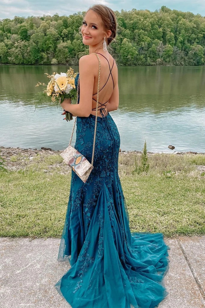 Sexy Long Lace Teal Prom Dresses Spaghetti Straps Mermaid Evening Gown MyChicDress