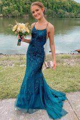 Sexy Long Lace Teal Prom Dresses Spaghetti Straps Mermaid Evening Gown MyChicDress