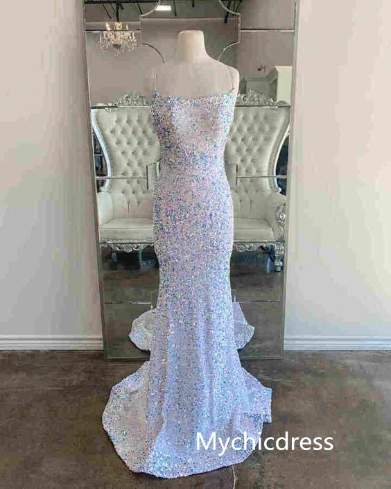 Sexy Long Sequin Iridescent Prom Dresses White Mermaid Evening Gowns 2024 MyChicDress