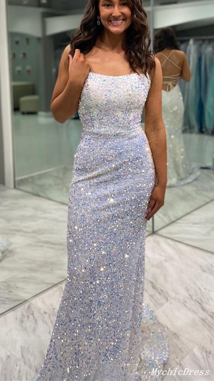 Sexy Long Sequin Iridescent Prom Dresses White Mermaid Evening Gowns 2024 MyChicDress