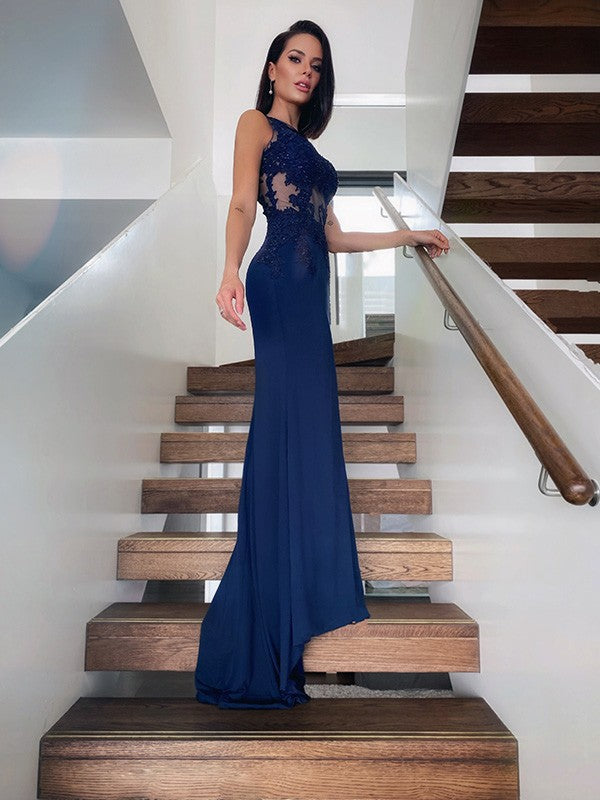 Sexy Mermaid Lace Navy Blue Prom Dresses Sleeveless Evening Gowns MyChicDress