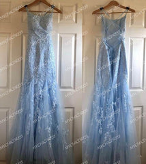 Sexy Mermaid Light Blue Lace Prom Dresses Open Back MyChicDress