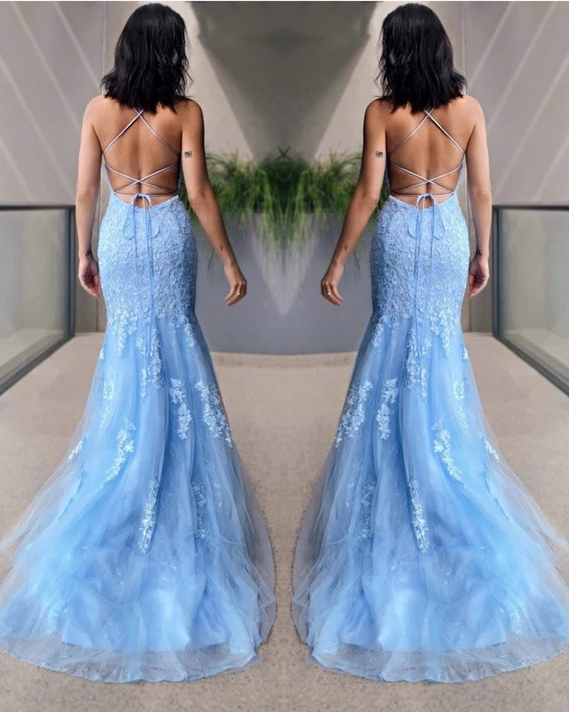 Sexy Mermaid Light Blue Lace Prom Dresses Open Back MyChicDress