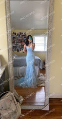 Sexy Mermaid Light Blue Lace Prom Dresses Open Back MyChicDress