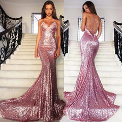 Sexy Rose Pink Sequin Prom Dresses Mermaid Long Gowns - MyChicDress