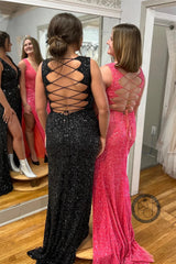 Sexy Sequins Long Fitted Prom Dress Mermaid V-Neck Lace-Up Back with Slit MyChicDress