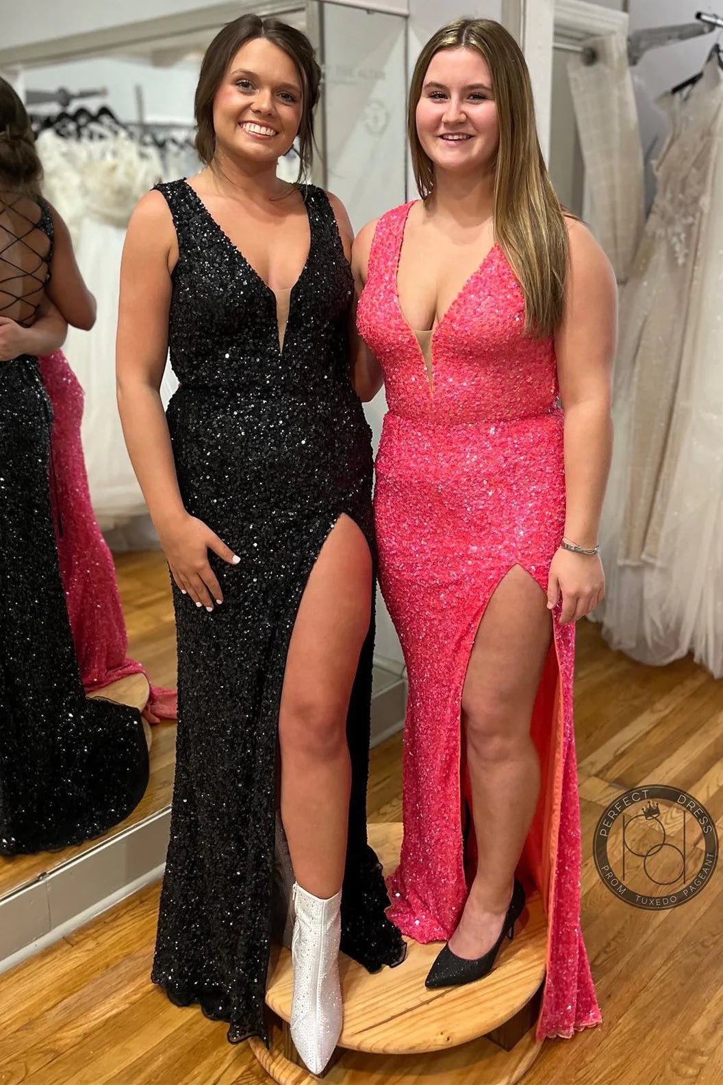 Sexy Sequins Long Fitted Prom Dress Mermaid V-Neck Lace-Up Back with Slit MyChicDress