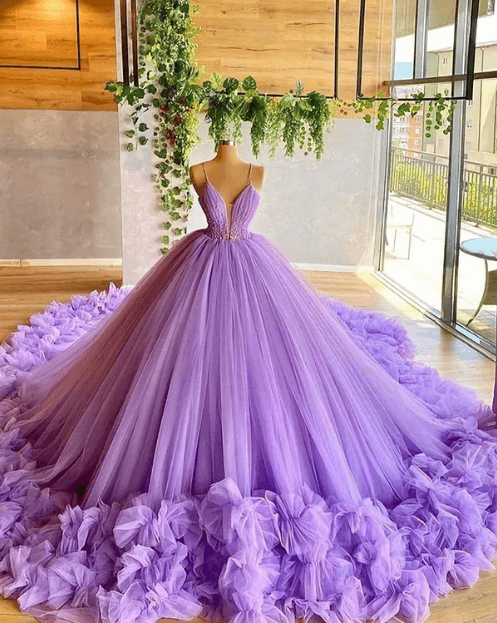 Sexy Spaghetti Straps Lavender Tulle Wedding Dresses Beading Bodice MyChicDress