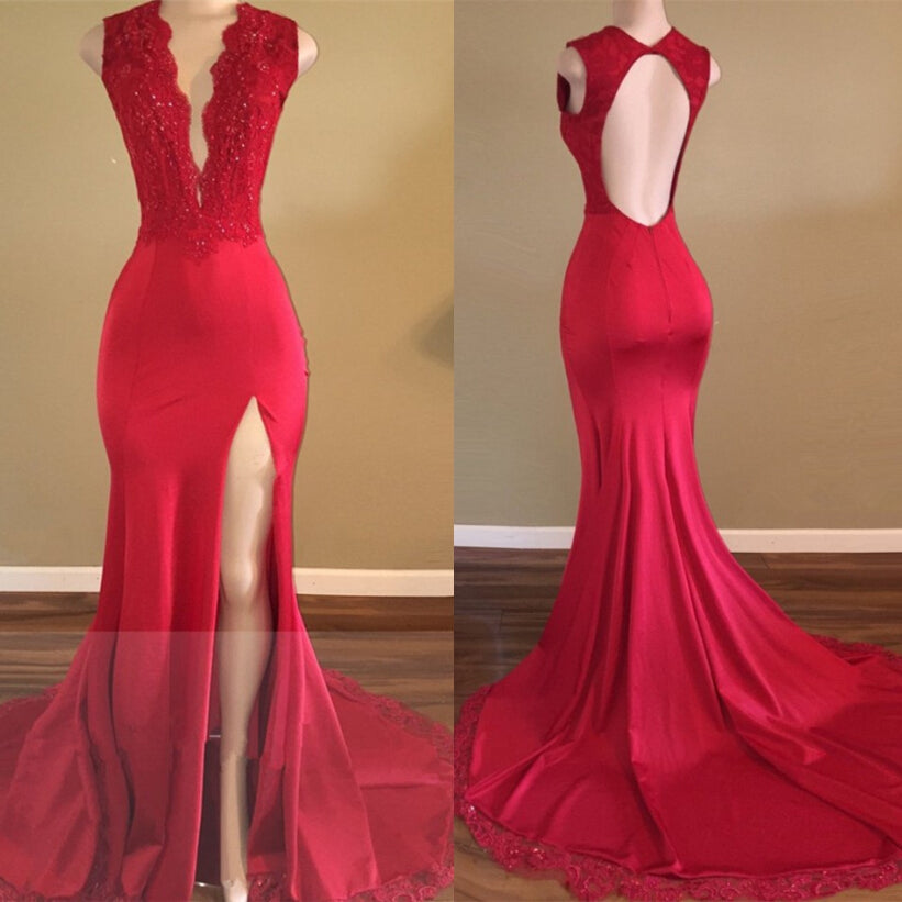 Sexy Split Backless V-neck Lace Red Prom Dresses - MyChicDress