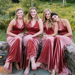 Sexy V-neck Vintage Rust Velvet Bridesmaid Dresses Long - MyChicDress