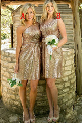 Sheath Gold Sequins Short Bridesmaid Dresses Sleeveless MyChicDress