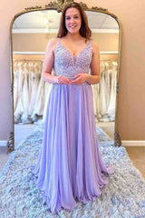 Sheath Lace Long Prom Dresses Lavender Chiffon Formal Dress with Appliques MyChicDress