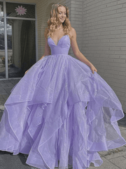 Shiny Princess Purple Prom Dresses 2024 Ruffles V-neck Sleeveless Formal Dresses MyChicDress