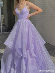 Shiny Princess Purple Prom Dresses 2024 Ruffles V-neck Sleeveless Formal Dresses MyChicDress