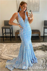 Shiny Sequin Prom Dresses Blue Long V Neck Evening Dresses UK MyChicDress