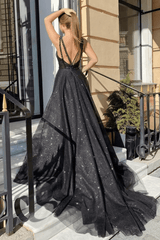 Shiny Tulle Black Long Prom Dresses V Neck Open Back with High Slit MyChicDress