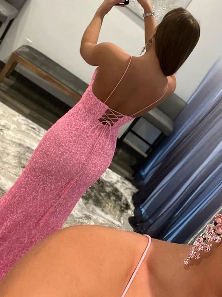 Shiny V Neck Sequins Hot Pink Prom Dresses 2024 Long Mermaid High Slit with Train MyChicDress