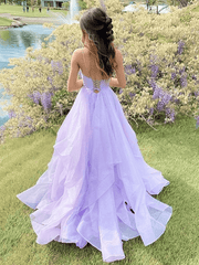 Brillante Princesa Morado Vestidos de gala 2024 Volantes V-Cuello Sin Mangas Vestidos Formales