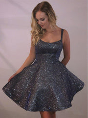 Vestidos de Fiesta Cortos Gris Oscuro Brillantes con Bolsillo