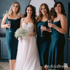 Short Dark-Green Beach Bridesmaid Dresses Silk Satin Boho Wedding Dress MyChicDress