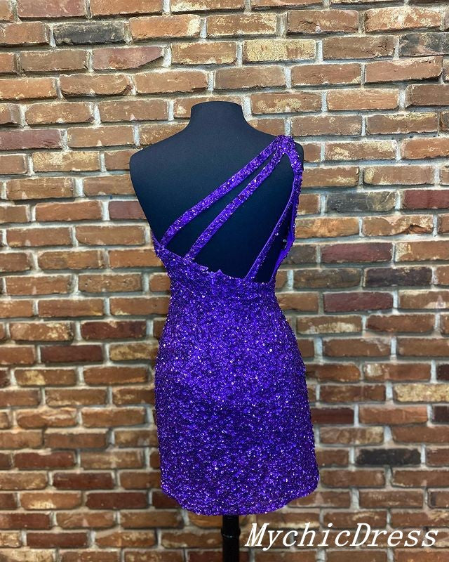 Short Purple Sequin Prom Dresses One Shoulder Hoco Dresses MyChicDress