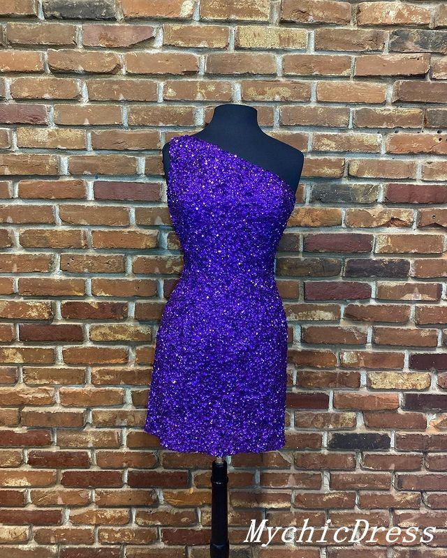 Short Purple Sequin Prom Dresses One Shoulder Hoco Dresses MyChicDress